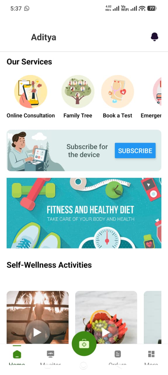 UriCare app home page with services, subscription, and wellness activities