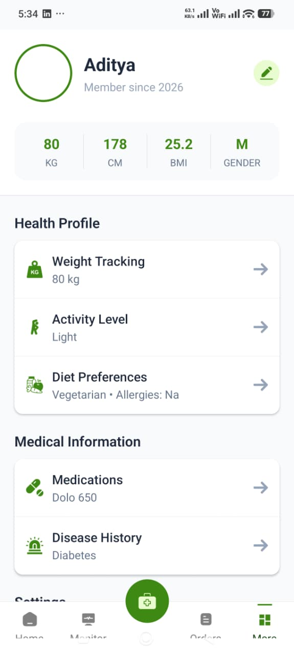 UriCare app profile page with health profile and medical information