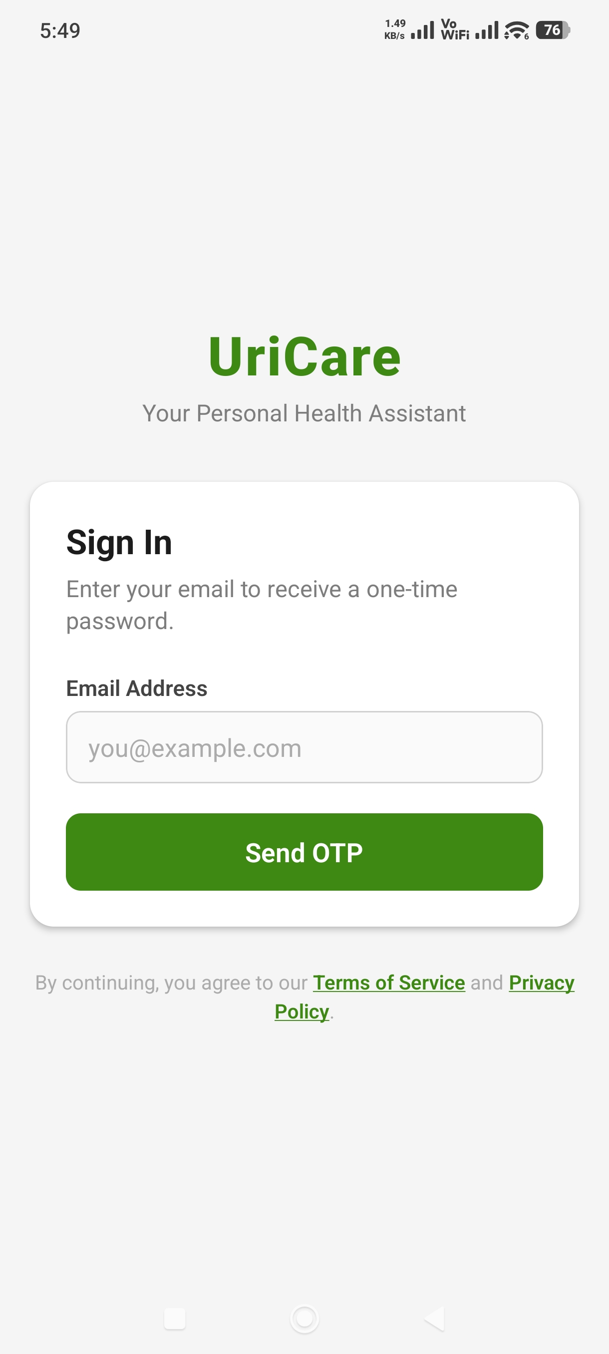 UriCare app sign-in screen