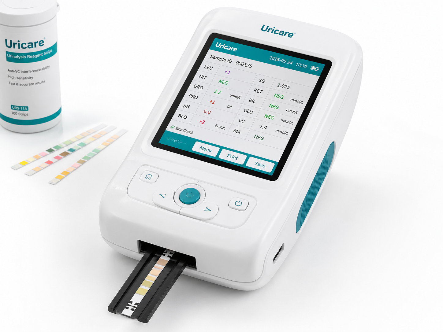 UriCare connected urine analyzer device with reagent strips
